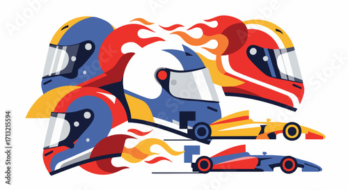 Vibrant vector illustration showcasing racing helmets and sleek formula cars with fiery trails, embodying speed and competitive spirit