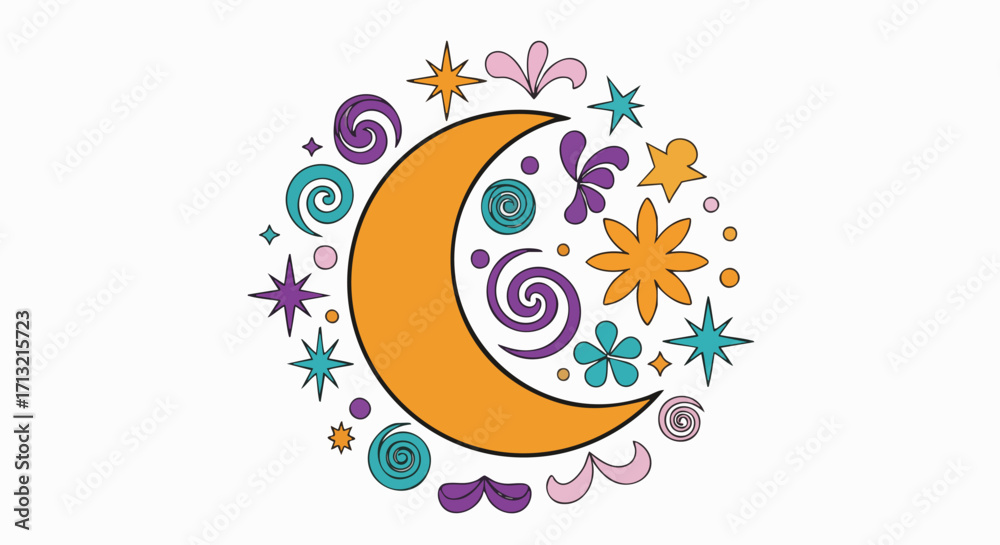 Obraz premium Whimsical illustration of a vibrant crescent moon surrounded by colorful stars, swirls, and abstract shapes