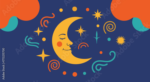 Whimsical illustration of a smiling crescent moon with stars on a vibrant blue background