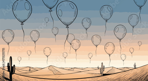 Whimsical illustration of balloons floating over a desert landscape. Hand-drawn style balloons contrast with the arid environment and cacti