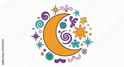 Whimsical illustration of a vibrant crescent moon surrounded by colorful stars, swirls, and abstract shapes