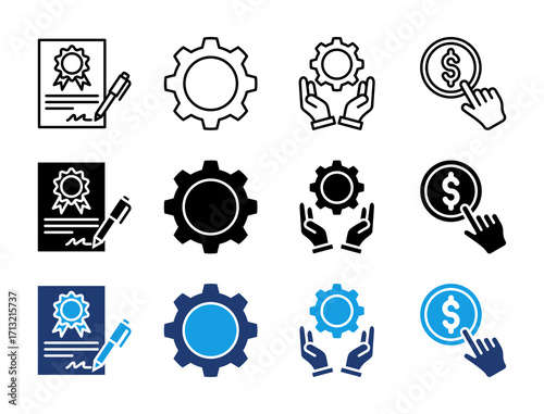 Business and Finance Icon Set. Containing Certificate, Gear, Support, and Payment Icons Collection.