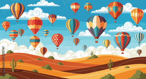 Whimsical illustration of colorful hot air balloons floating in a bright blue sky. Silhouettes of people on the ground celebrate and watch