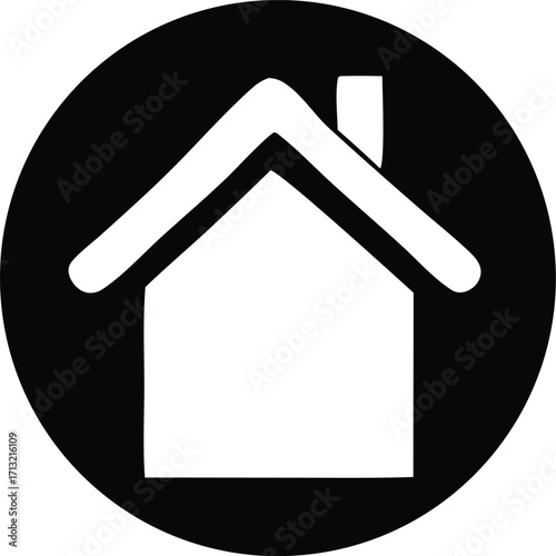 Simple white house icon with roof and chimney inside a black circle symbolizing home or real estate services