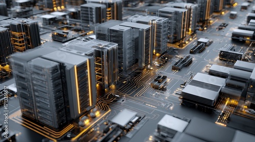 Abstract futuristic city view on a circuit board with glowing lines and metallic buildings