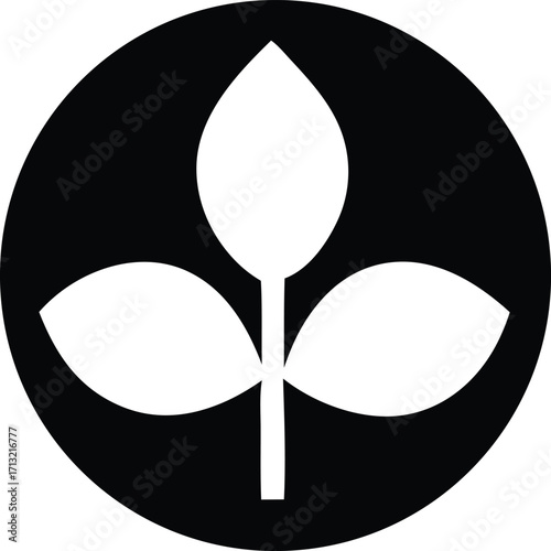 Minimalist black and white logo featuring a stylized plant with three leaves inside a circle for natural branding