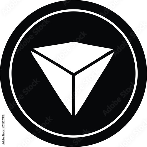 Abstract geometric symbol inside circle featuring three intersecting white planes creating a triangle shape with sharp edges