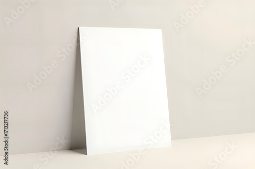 Blank White Paper Mockup Leaning on Shelf Against Neutral Wall