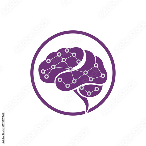 AI technology logo with abstract brain and interconnected nodes badge