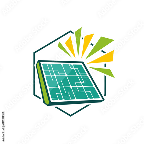Vector logo with solar panel icon inside circular frame, modern green and yellow design