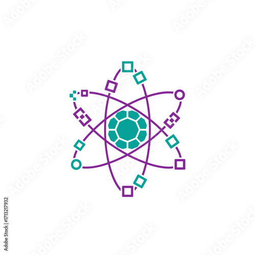 Quantum computing logo with abstract atom and digital nodes orbiting in geometric emblem
