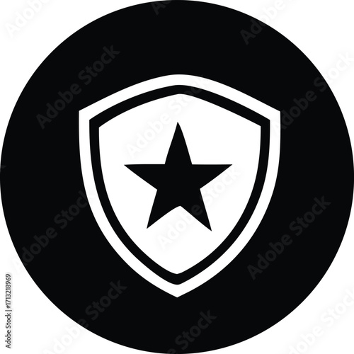 Iconographic shield with star symbol representing protection security safety authenticity and excellence in a circular frame