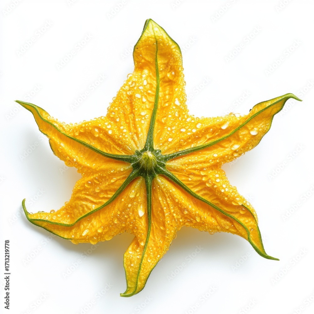 Fototapeta premium A vibrant yellow star-shaped flower featuring glistening water droplets against a clean white background.
