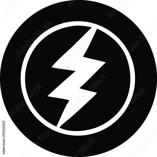 Bold black circle emblem with white lightning bolt symbol for power energy or speed concept and dynamic action