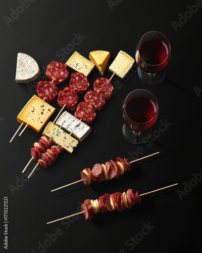 A delicious charcuterie spread with assorted cheeses, salami skewers, and red wine, perfect for gatherings.