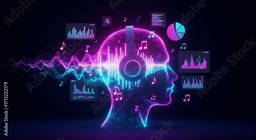 Visualization of Music and Brain Activity Neon Illustration of Human Profile, Headphones, Sound Waves, and Charts