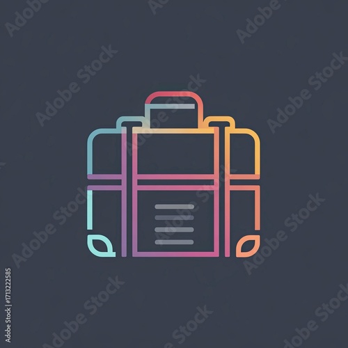 Outline of a luggage suitcase comprised of varying colorful lines on a dark background
