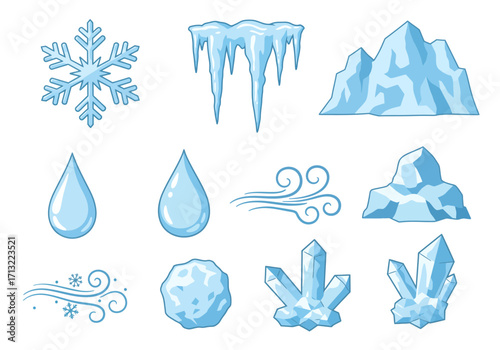 A collection of blue icy elements including icicles a snowflake and crystals