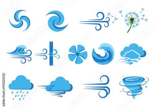 A collection of icons representing natural forces such as wind water and weather