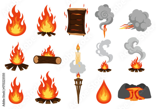 Assorted fiery elements flames bonfires candle and volcanic eruption