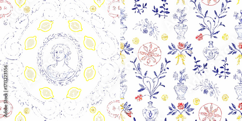 Vintage french style seamless pattern with portraits lemons and floral vases