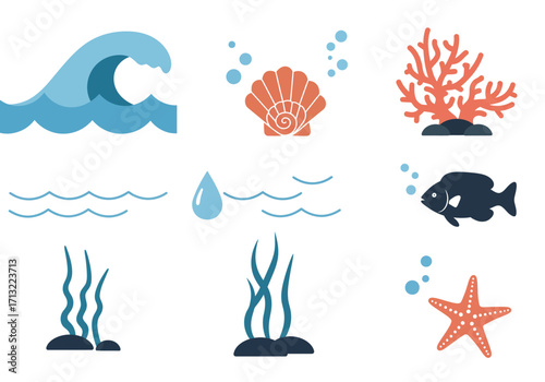 Seathemed icons wave shell coral fish starfish seaweed water droplet bubbles and ocean waves