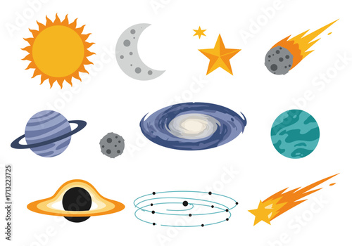 Space elements sun moon planets stars comet galaxy asteroid black hole  orbital diagram