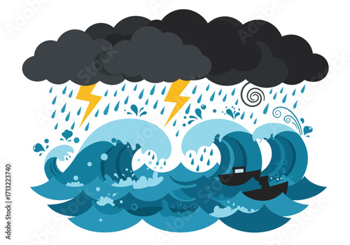 Stormy ocean scene with rain lightning dark clouds large waves and two small boats