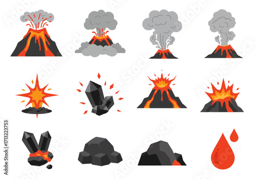 Stylized illustrations volcanoes erupting explosion crystals rocks lava drops depicted in cartoonish form
