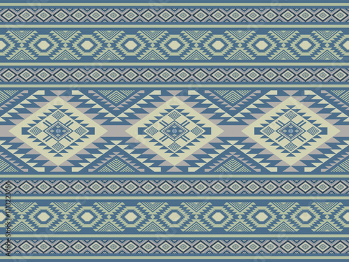 Navajo seamless geometric stripes. Using shades of blue, white, and light beige, it feels natural and organic. Uses: Home decor, throw pillows, rugs, curtains or wall hangings, jackets, scarves, bags.