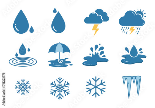 Weather icon set rain storm snow icicles cloud