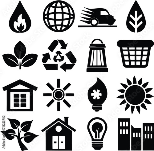 Collection of environmental icons featuring renewable energy sustainability eco-friendly symbols for green living and sustainable future themes