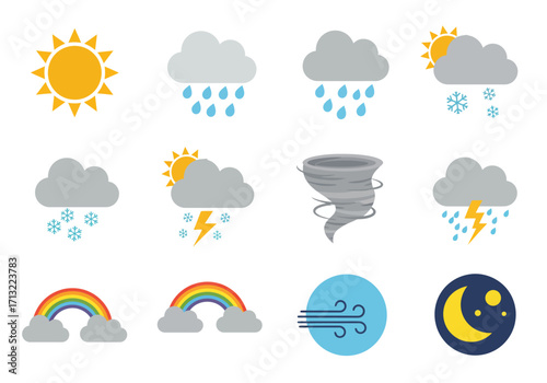 Weather icons show sun clouds rain snow tornado rainbow wind and moon
