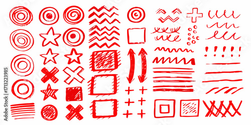 Collection of hand drawn red graphic elements and symbols on white background