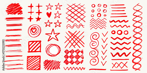 Collection of hand drawn red scribbled shapes and elements on a white background