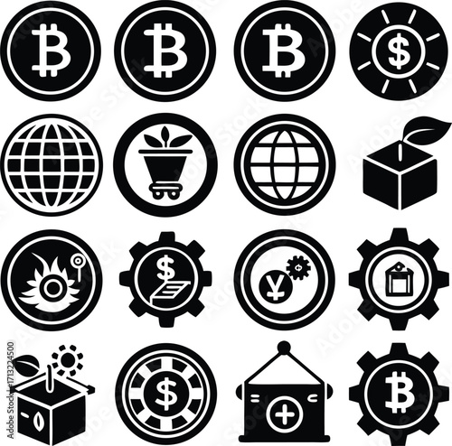 Collection of bitcoin ethereum crypto icons and symbols for digital finance and blockchain technology applications