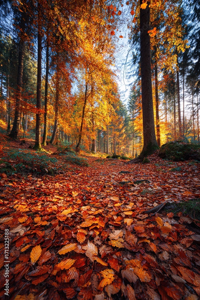 Obraz premium Vibrant autumn landscape with colorful leaves covering the forest floor in the afternoon light. High quality