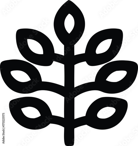 Simple black silhouette of a stylized wheat stalk with multiple leaves representing growth nature agriculture and harvest symbols