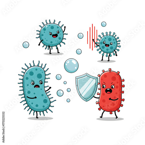 Cartoon depiction of various microbes, some attacking, others defending, with expressions.