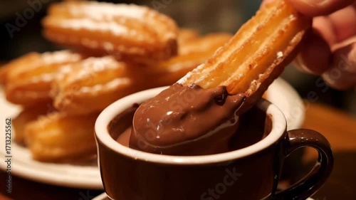 Close up Spanish churros dipped melted chocolate cinematic UHD handheld European street dessert lifestyle stock video. fried dough pastry warm cocoa dip handheld camera european
