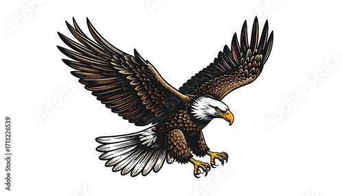 A powerful bald eagle soars through the air, its wings outstretched in a dynamic display of freedom and strength.