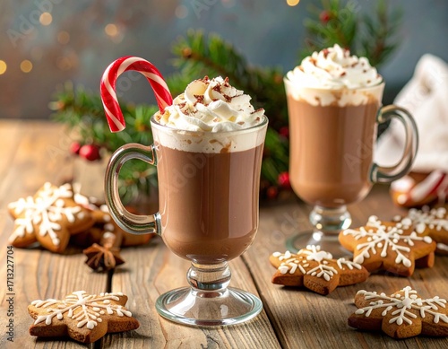 Hot Chocolate with Whipped Cream, Candy Cane, and Gingerbread Cookies. Festive hot chocolate topped with whipped cream, candy cane, and gingerbread cookies on wooden table, cozy holiday drink.