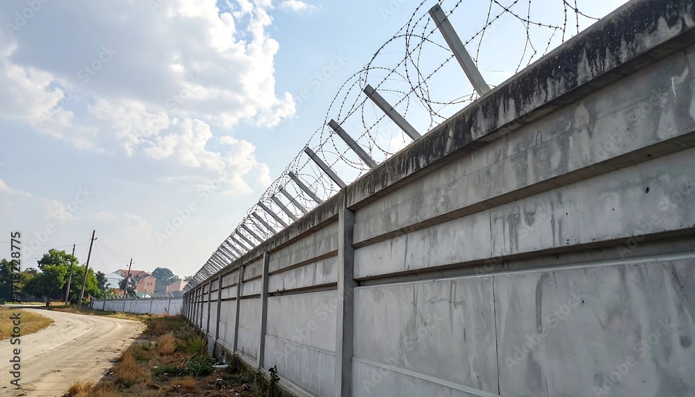 Obraz premium A long, gray concrete wall topped with barbed wire stretches along a dirt road, under a partly cloudy sky.