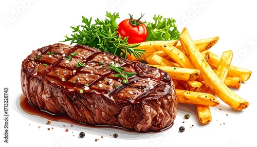 A delicious, expertly illustrated depiction of a savory grilled steak and crispy french fries, garnished with fresh herbs and vegetables.