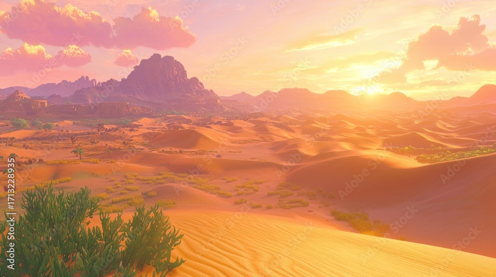 Obraz premium Sunset over a vast, sandy desert landscape with rolling dunes, sparse vegetation, and distant mountains.