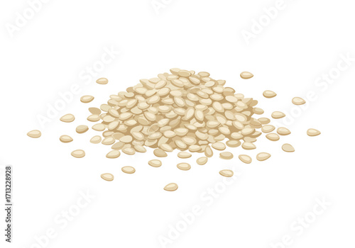 A heap of small beige sesame seeds forms a pile on a white surface casting faint shadows