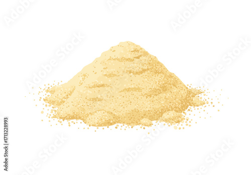 A mound of tan granules clustered with varying densities and minor scattering on a plain backdrop