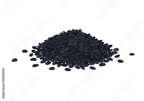 A pile of dark oblong seeds forming a small mound with scattered pieces