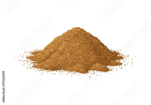A pile of coarse brown granular material likely sand or dirt dominates the image It is isolated on a white background