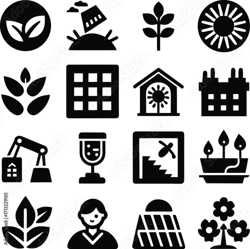 Collection of agricultural icons representing farming plant growth irrigation technology and research for sustainable agriculture and food production concepts